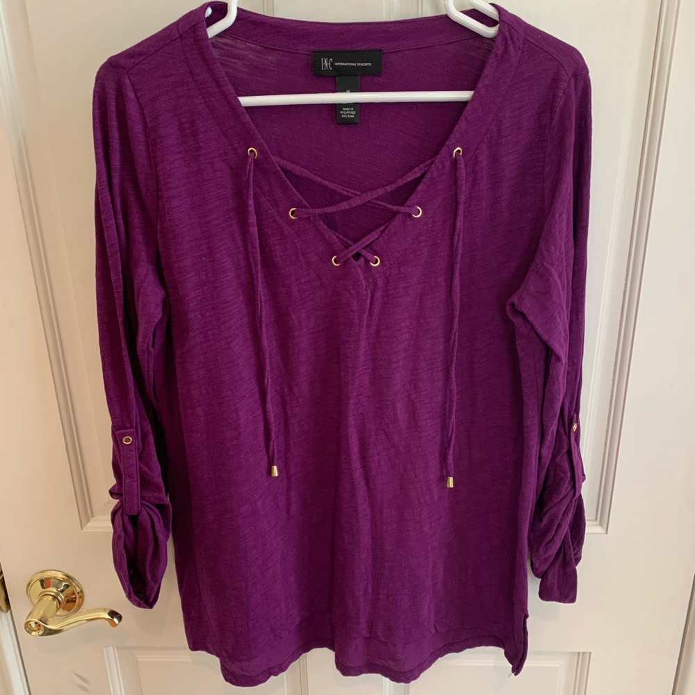 INC Women’s Purple Cotton V-Neck Size Medium